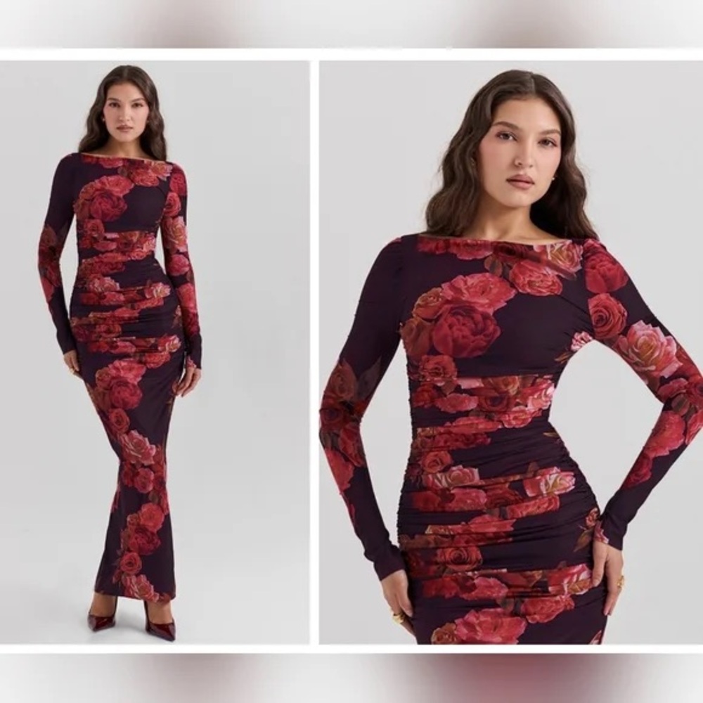 NWT house of cb lanetta ruched bateau neck Long Sleeve georgette dress size s
